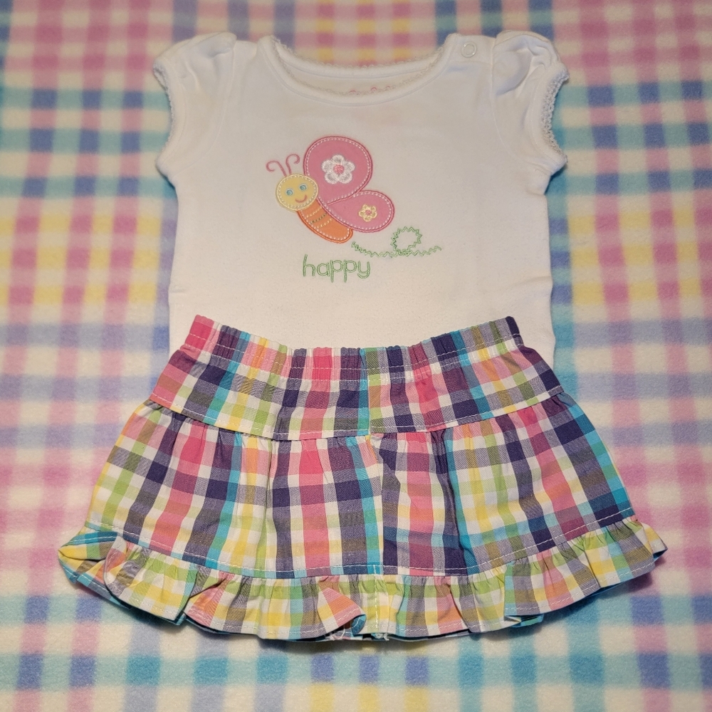 GARANIMALS 🌺 2pc Embroidered Bee "HAPPY" Onesie|Multi Color Plaid Mini Skirt NB